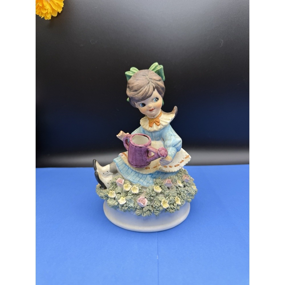 Beautiful Little‎ Girl Watering Roses Sitting On Flower Bed Vintage Figurine